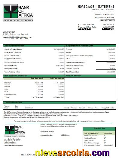 Burundi Bank of Africa bank mortgage statement
